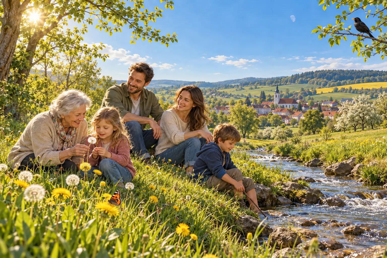 Illustration am Tag: Eine Familie mehrerer Generationen sitzt zwischen Löwenzahn und Bäumen an einem Bach; im Hintergrund liegt eine Ortschaft.
