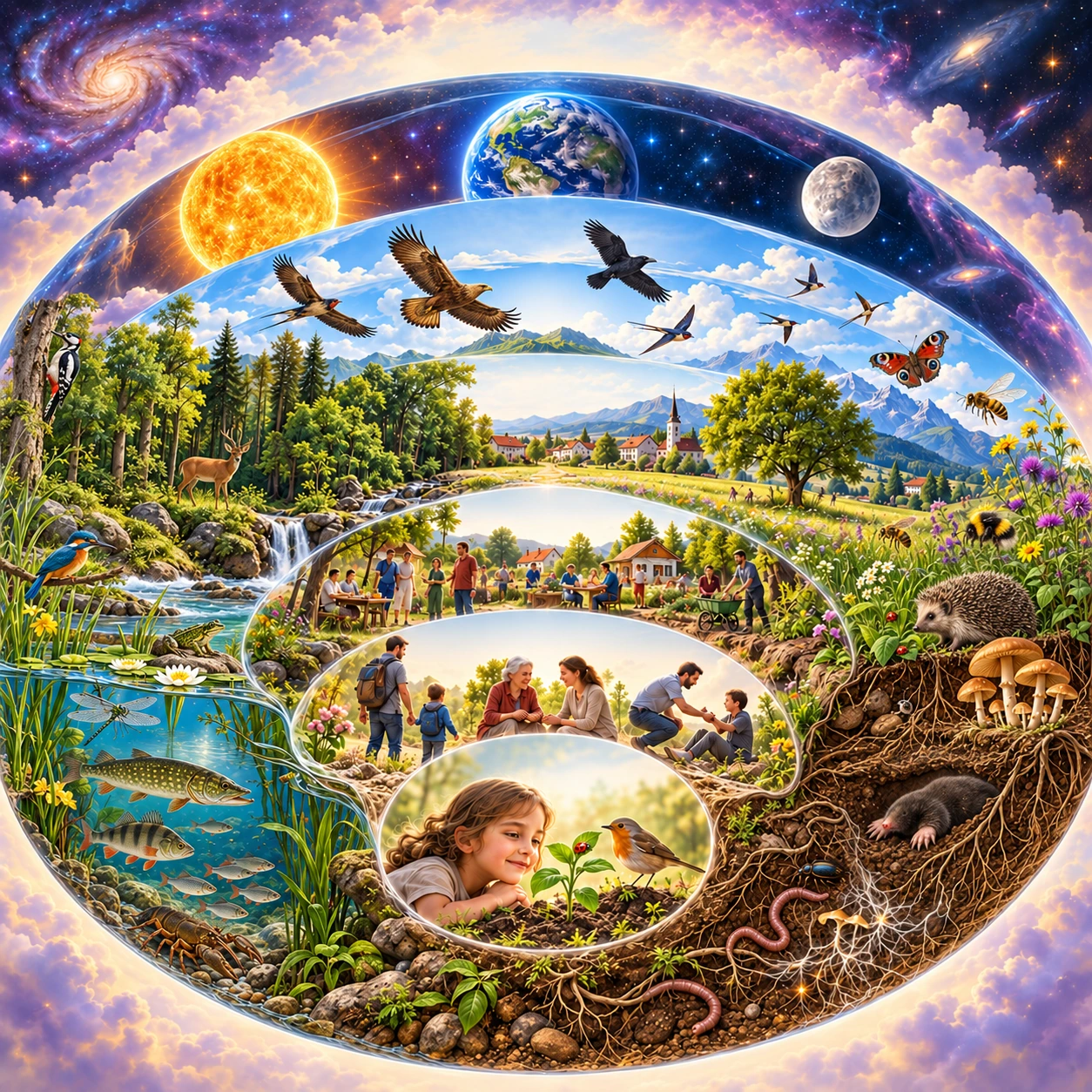 Räumliche Ringillustration: Sonne, Erde und Mond über Vögeln und Insekten; Wald und Wiese mit einer Siedlung; Menschen in Gemeinschaft und Familie; im Wasser Fische und Pflanzen, im Boden Wurzeln, Pilze und Würmer. Im Mittelpunkt begegnen sich ein Kind, eine Pflanze und ein Vogel.