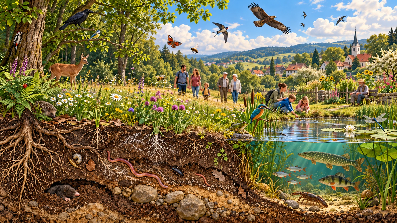 Ausschnitt einer illustrierten Landschaft mit Menschen, Vögeln, Insekten und Pflanzen