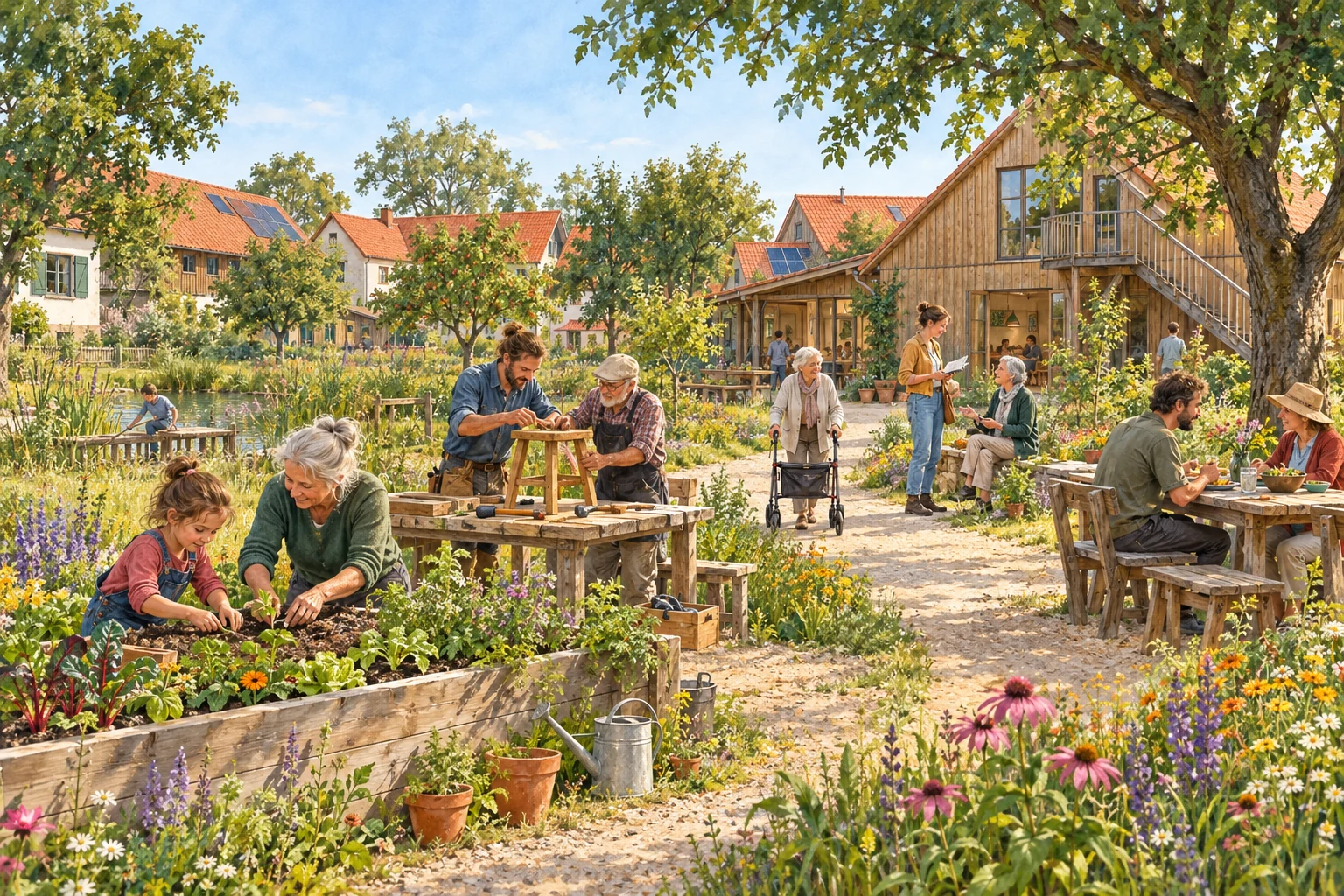 Illustriertes Gemeinschaftsdorf: Menschen verschiedener Generationen gärtnern, reparieren gemeinsam einen Hocker, tauschen Wissen aus und essen zusammen zwischen Holzhäusern, Garten und Naturraum.