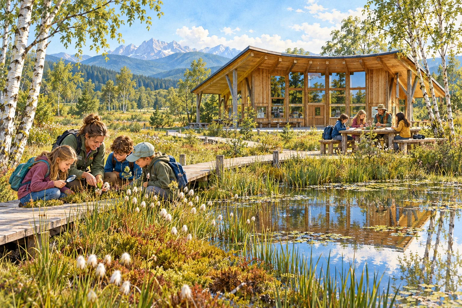 Illustrierter naturnaher Lernort: Kinder und Erwachsene beobachten Moorpflanzen am Bohlenweg und arbeiten am Holztisch vor einem Holzpavillon.