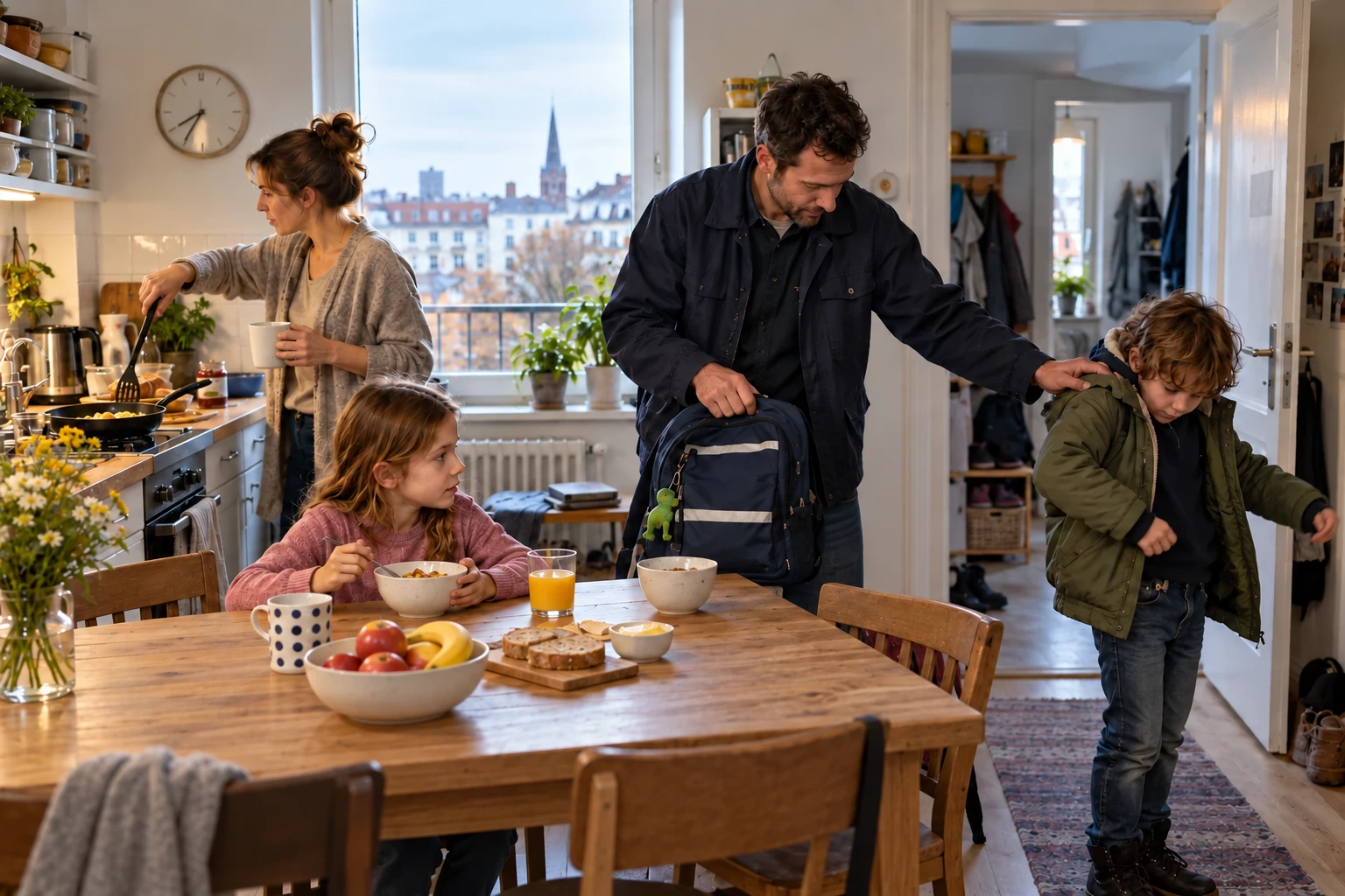 Illustrierter Familienmorgen mit Frühstück und Vorbereitungen für Schule und Beruf