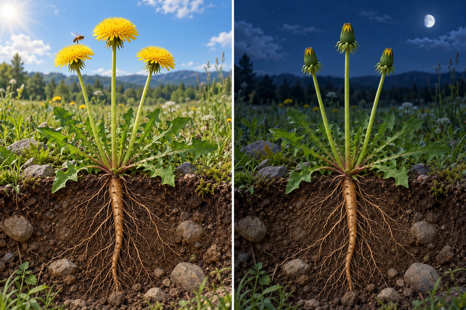 Links ein Löwenzahn mit drei offenen gelben Blütenkörbchen bei Tag, rechts dieselbe dargestellte Pflanze mit geschlossenen Blütenkörbchen bei Nacht. Blattrosette und Pfahlwurzel bleiben im erklärenden Bodenschnitt sichtbar.
