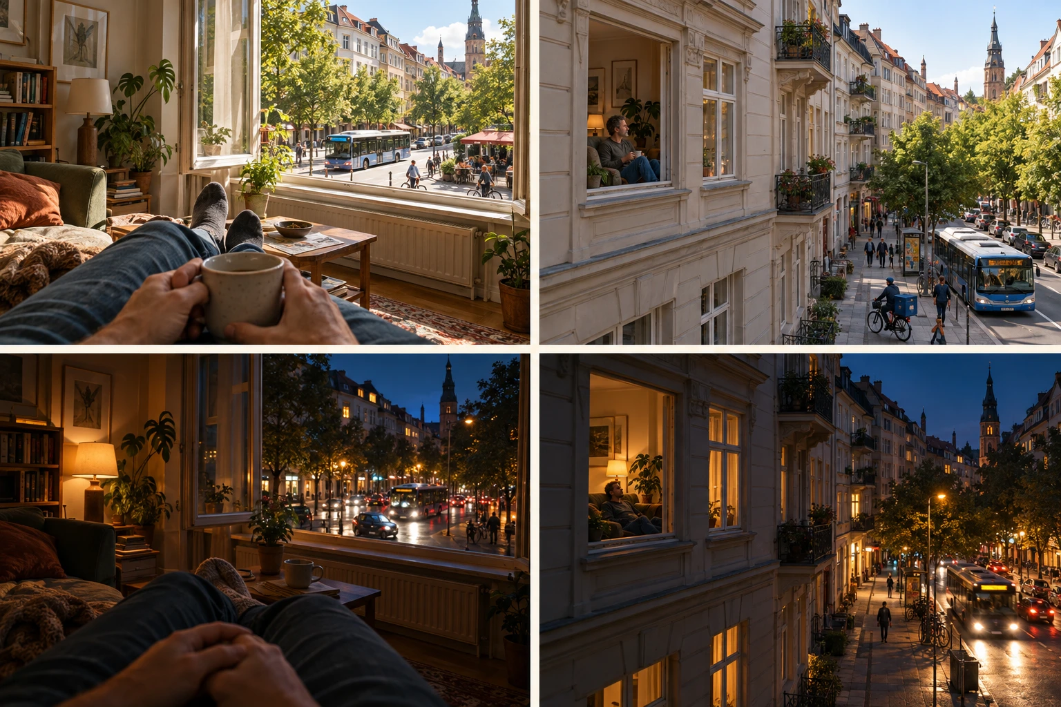 Vier Ansichten einer Stadtwohnung: oben Tag und unten Nacht; links Blick von der Couch aus dem Fenster, rechts Blick von außen auf den Menschen in der Wohnung und die Straße.